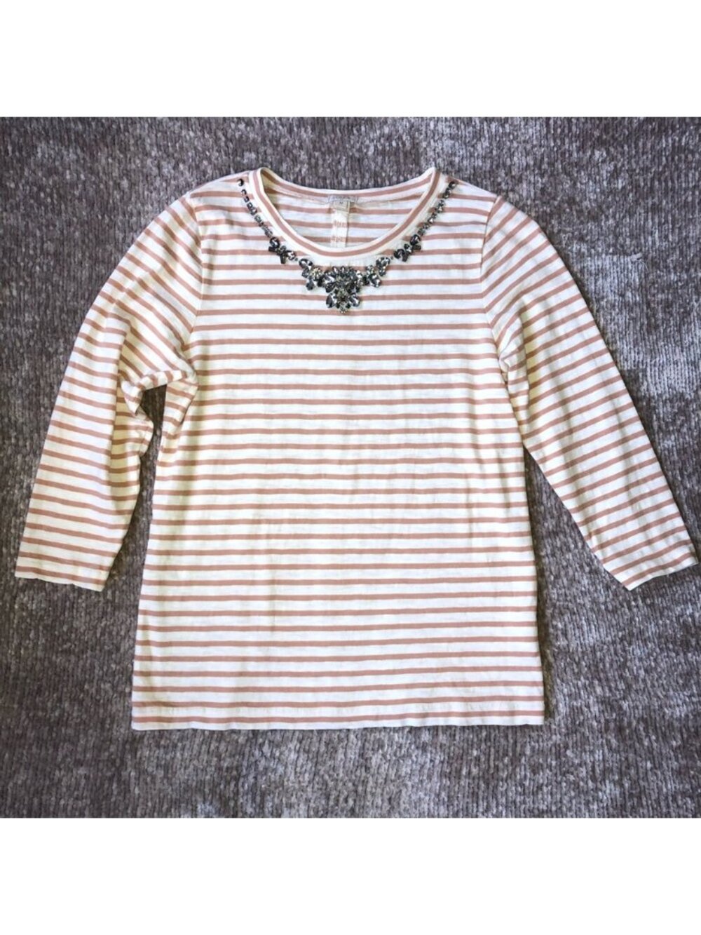 J.Crew Pink Stripe Jeweled 3/4 Sleeve Top